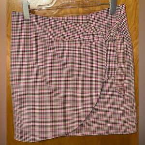 LOFT pink/black/beige plaid side tie wrap a-line skirt Size 6 side zipper